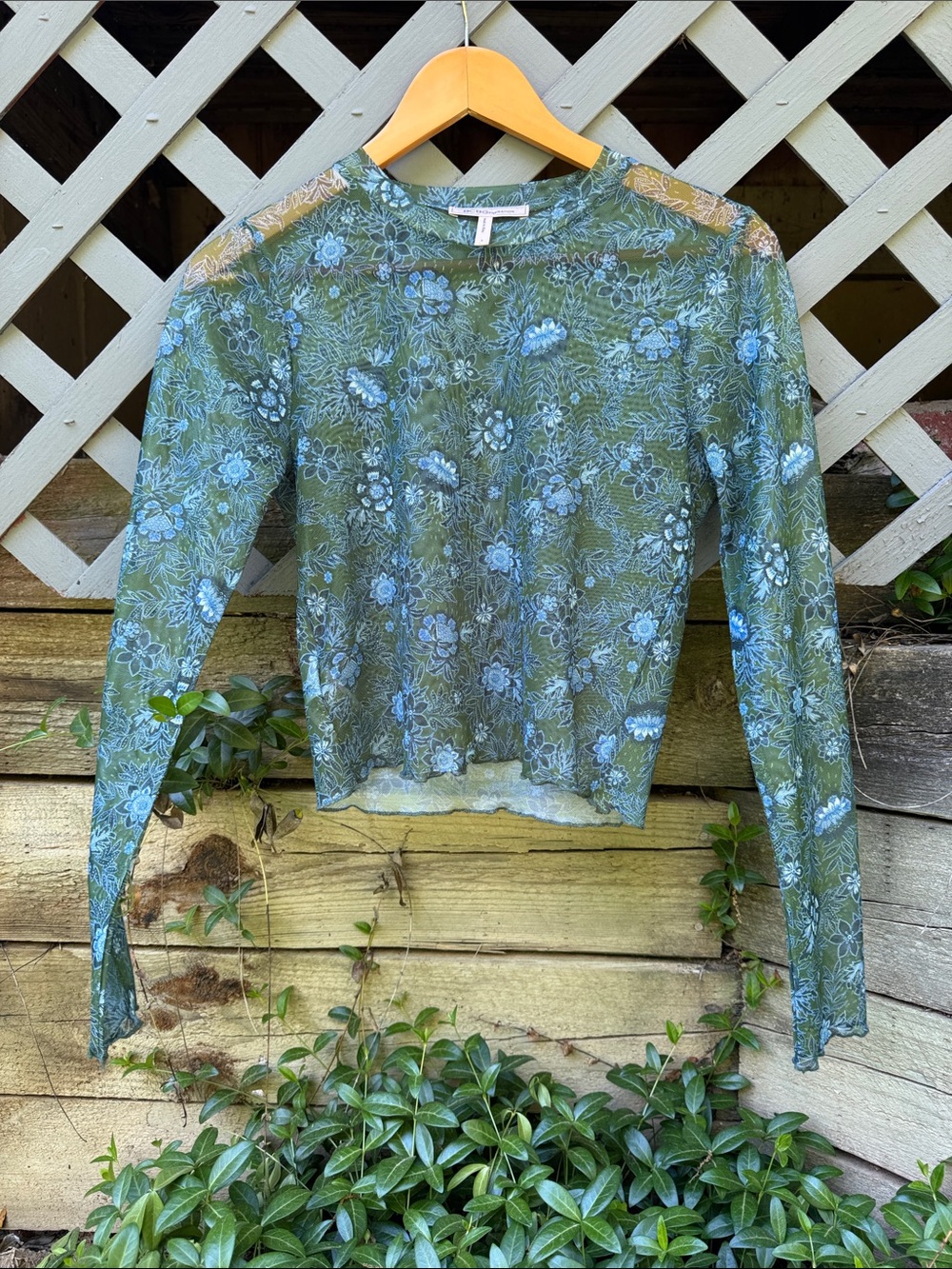 BCBGeneration Olive Green Floral Mesh Long-Sleeve Top